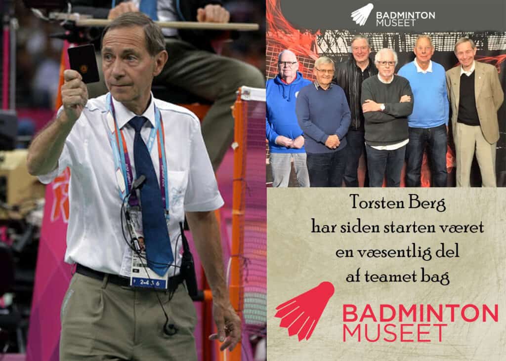 Torsten Berg i aktion som referee ved OL 2012 i London og som medlem af Badmintonmuseet. Fotomontage Søren Langhorn, Badmintonmuseet.