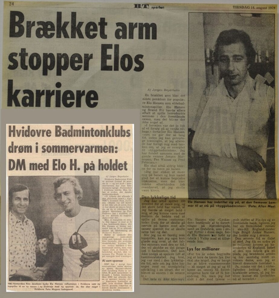 Udklip fra BT. 14. august 1979. Brækket arm sætter punktum for den aktive karriere for Elo Hansen .