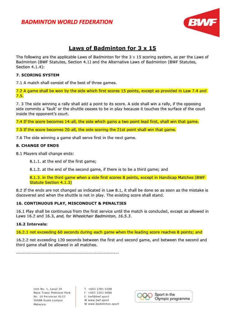 Laws of Badminton for 3 x 15